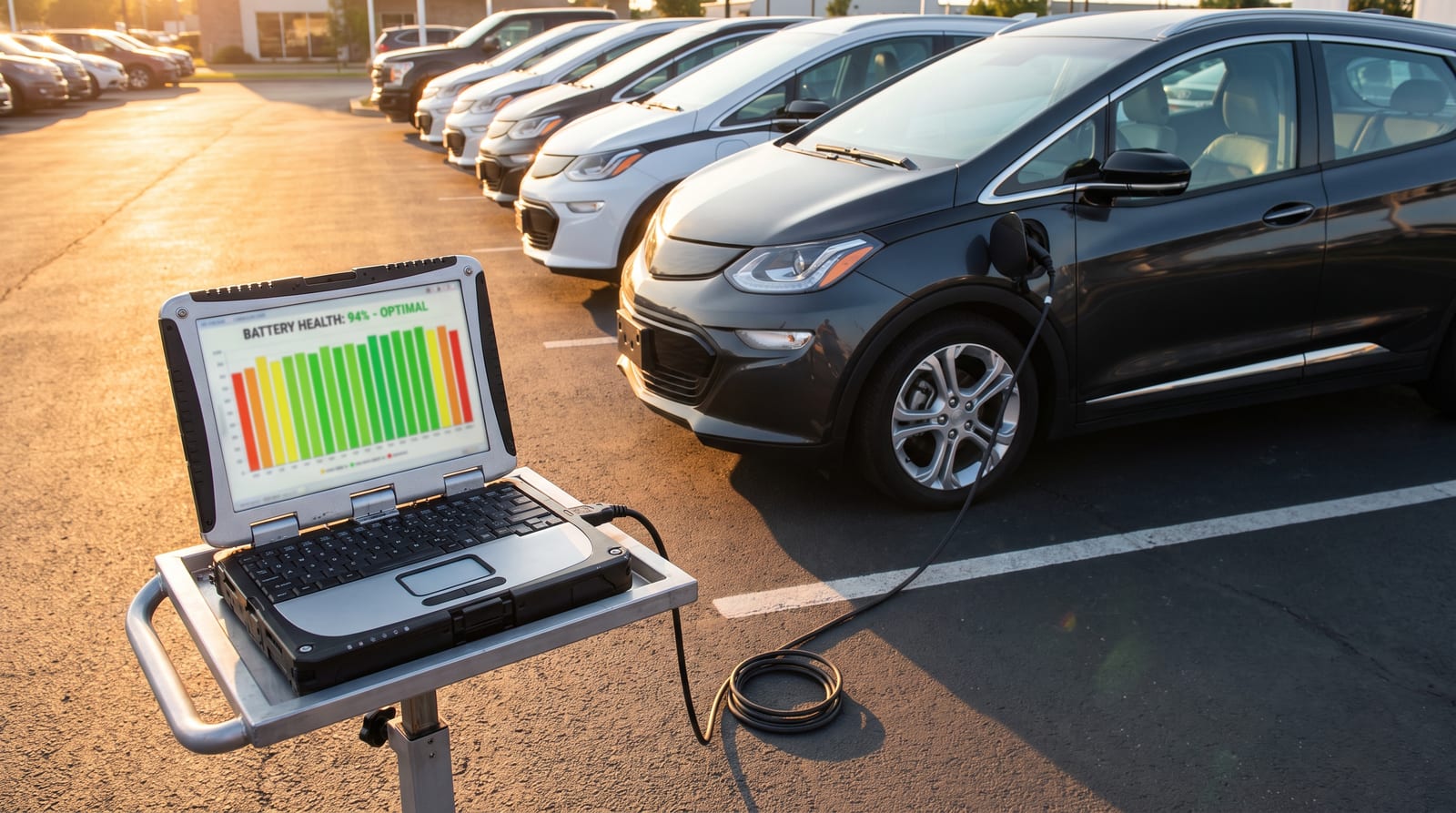 Rând de mașini electrice rulate într-o parcare de dealer, cu un laptop de diagnoză conectat la una dintre ele