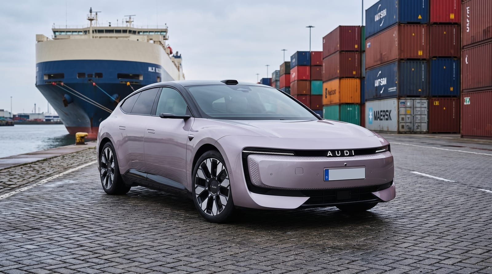 Sedan electric AUDI E5 Sportback în nuanță lila deschis, parcat pe cheul unui port european, cu o navă de transport auto și containere în fundal