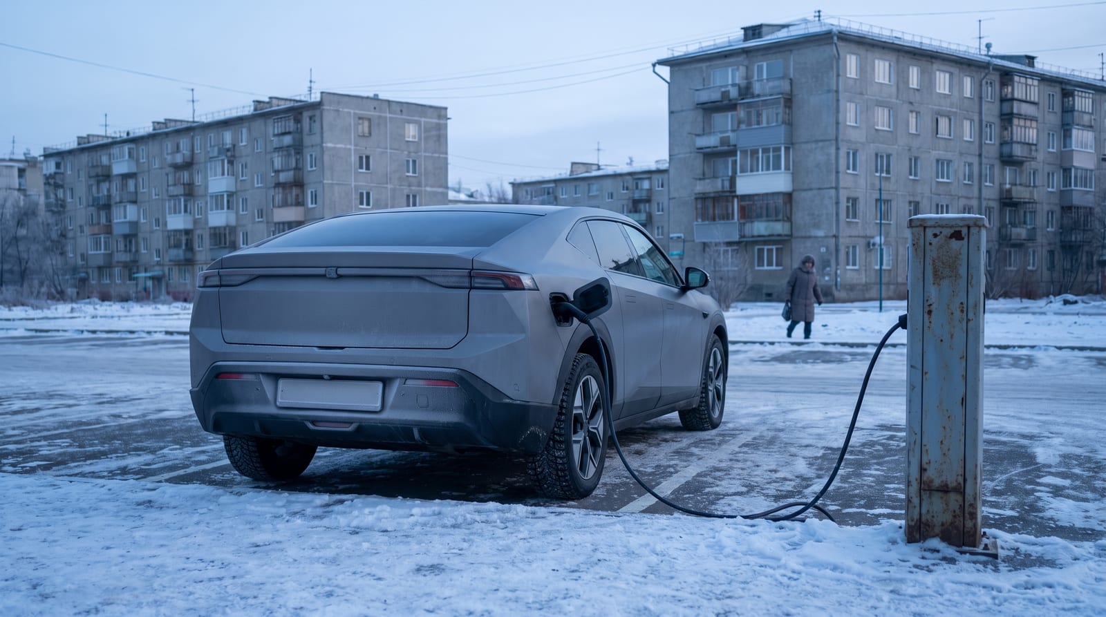 Mașină electrică la încărcat într-o parcare cu zăpadă, dimineață rece de iarnă, tonuri reci