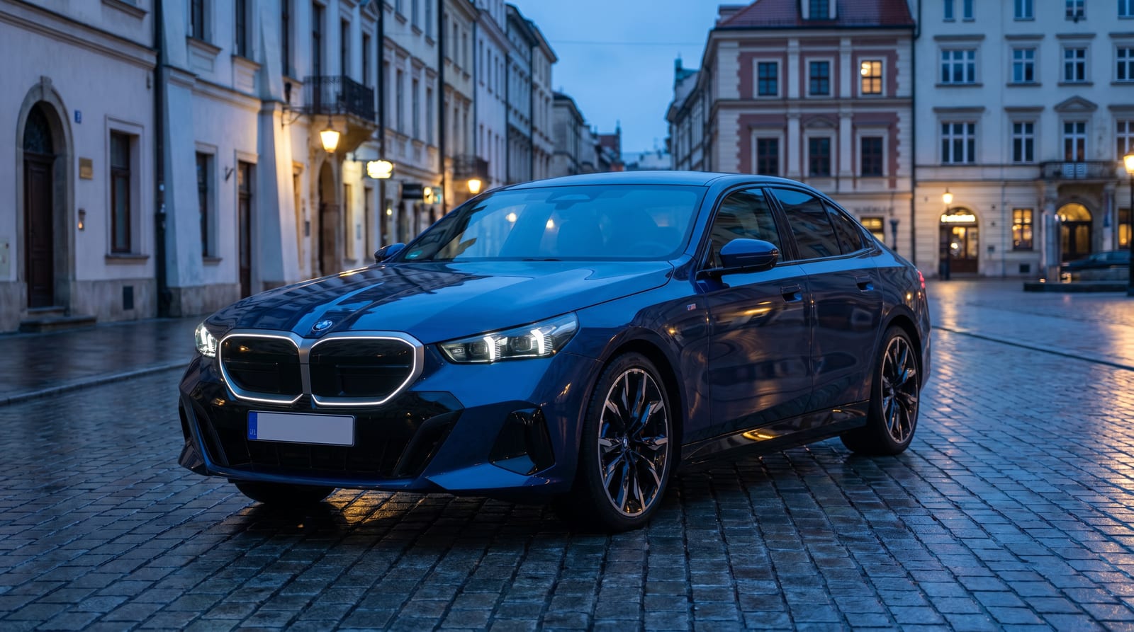 Berlină electrică BMW i3 Neue Klasse pe o stradă urbană, grilă iluminată și linii curate de caroserie