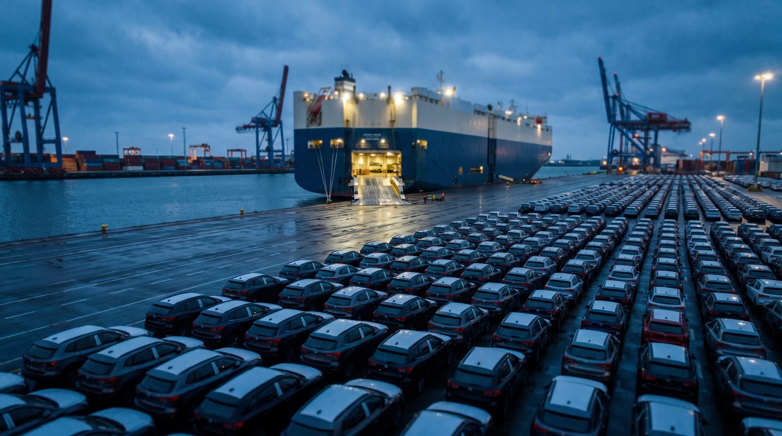 Terminal portuar cu sute de mașini noi aliniate pe chei, lângă un cargou de transport auto, în lumină de seară