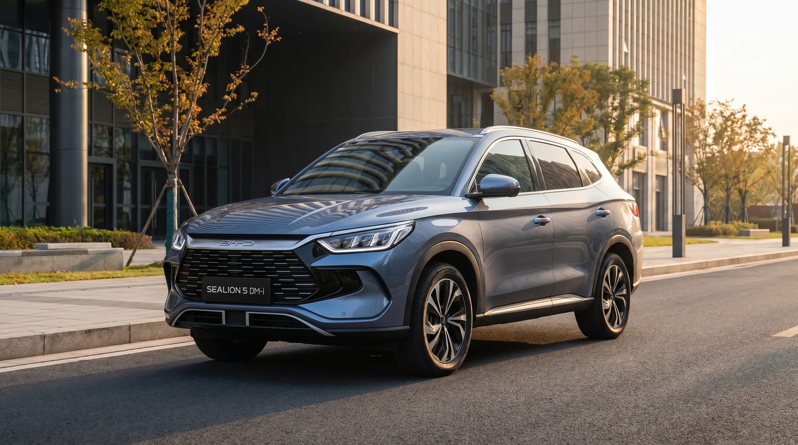 SUV BYD hibrid plug-in din gama DM-i, văzut din față trei sferturi pe o stradă