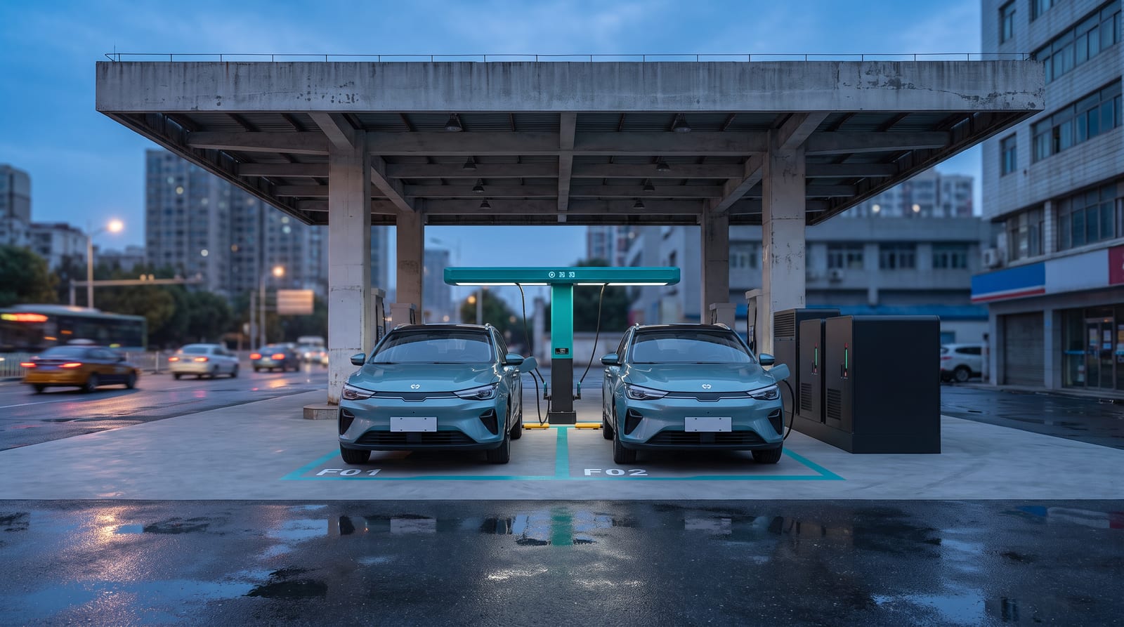 Fostă benzinărie transformată în hub de încărcare rapidă, cu stâlp turcoaz cu două cabluri și două mașini electrice la încărcat sub copertina veche