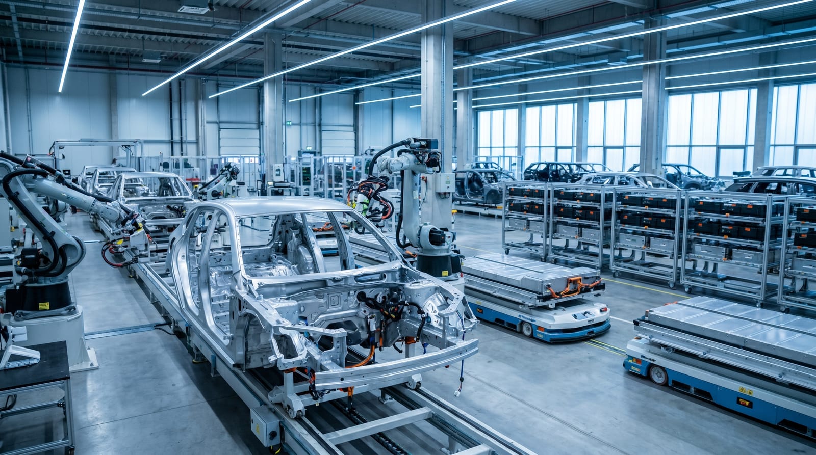 Linie de producție într-o fabrică de mașini electrice, caroserii și roboți sub lumină industrială rece