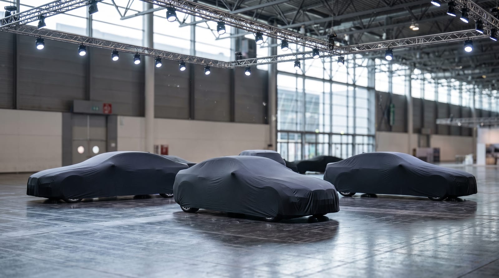 Patru mașini acoperite cu husele de prezentare într-un pavilion de salon auto gol, înainte de dezvelire, sub proiectoarele din tavan