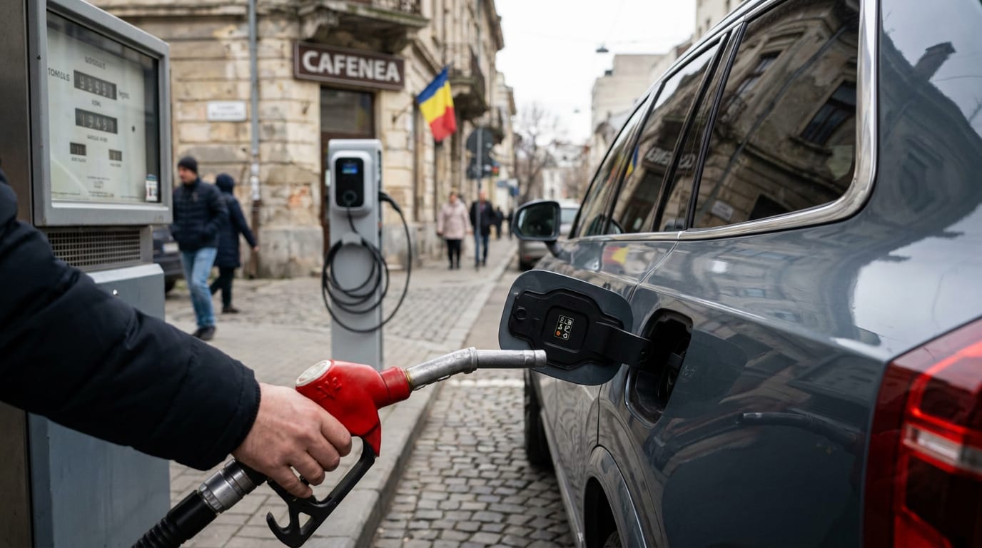 Un furtun de benzină alimentând o mașină hibrid plug-in lângă o stație de încărcare electrică ignorată