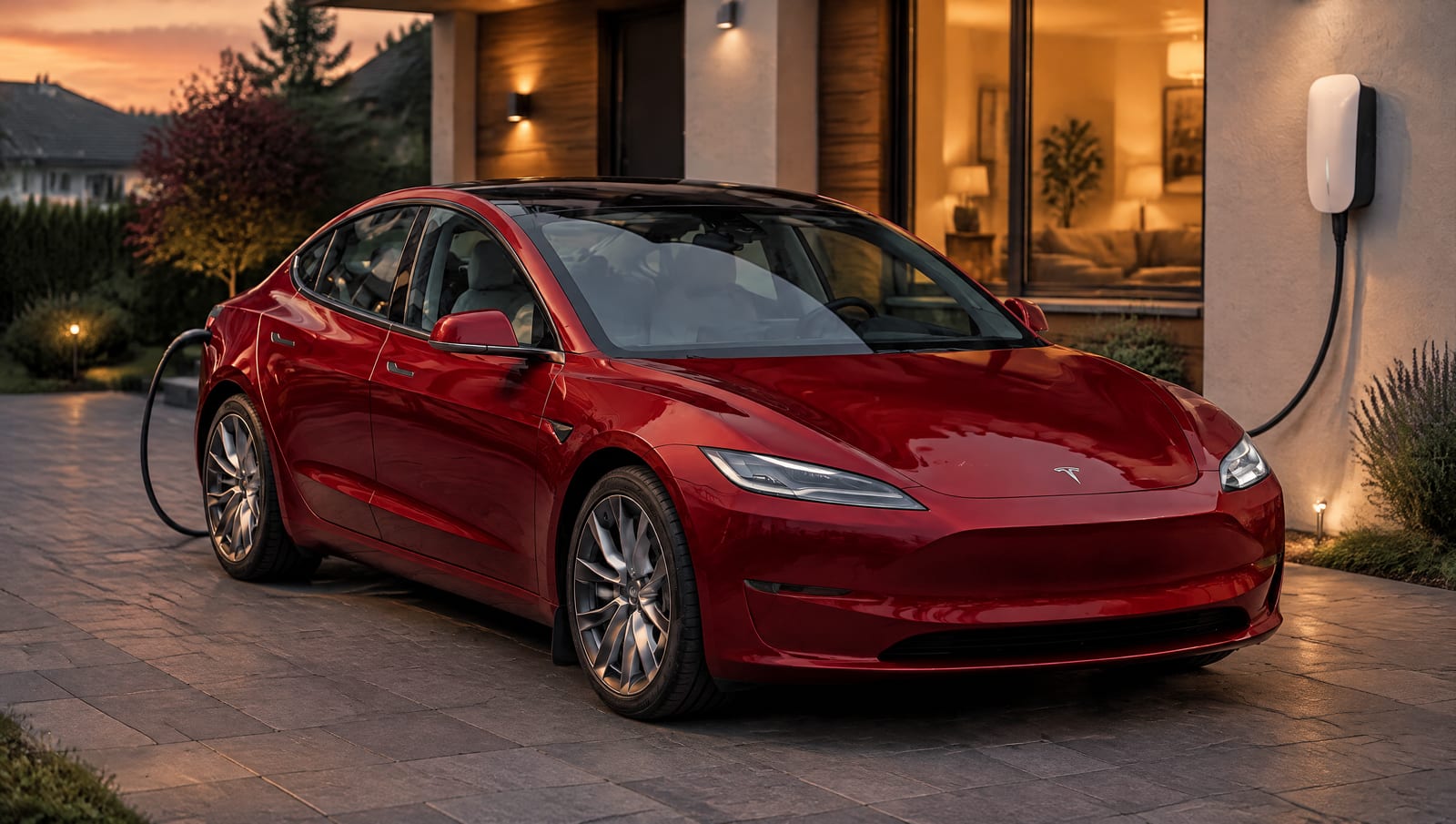 Tesla Model 3 roșie conectată la un încărcător de perete, în curtea unei case moderne, la asfințit