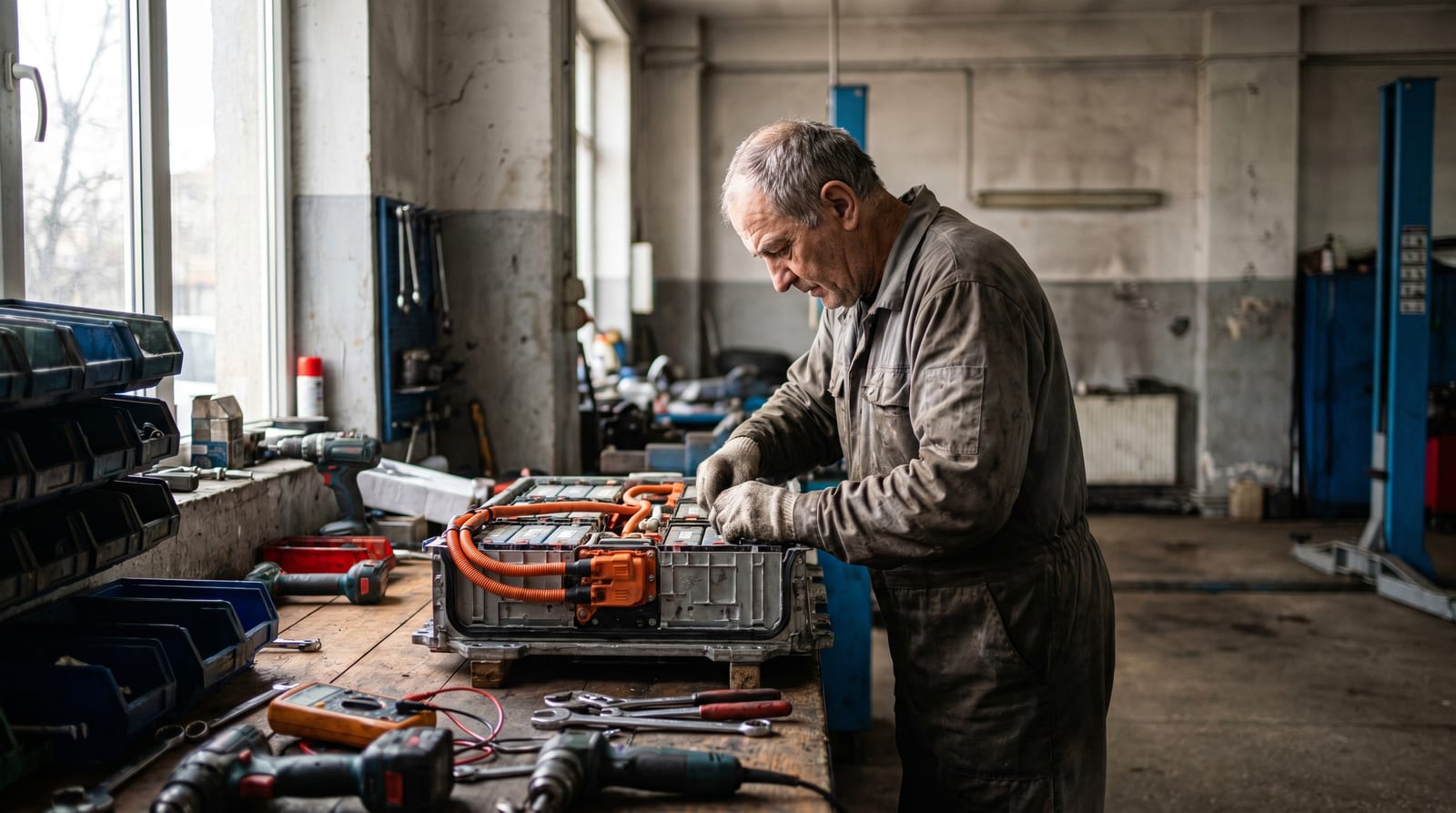 Un mecanic într-un service auto din România lucrând la modulul unei baterii de mașină electrică demontată