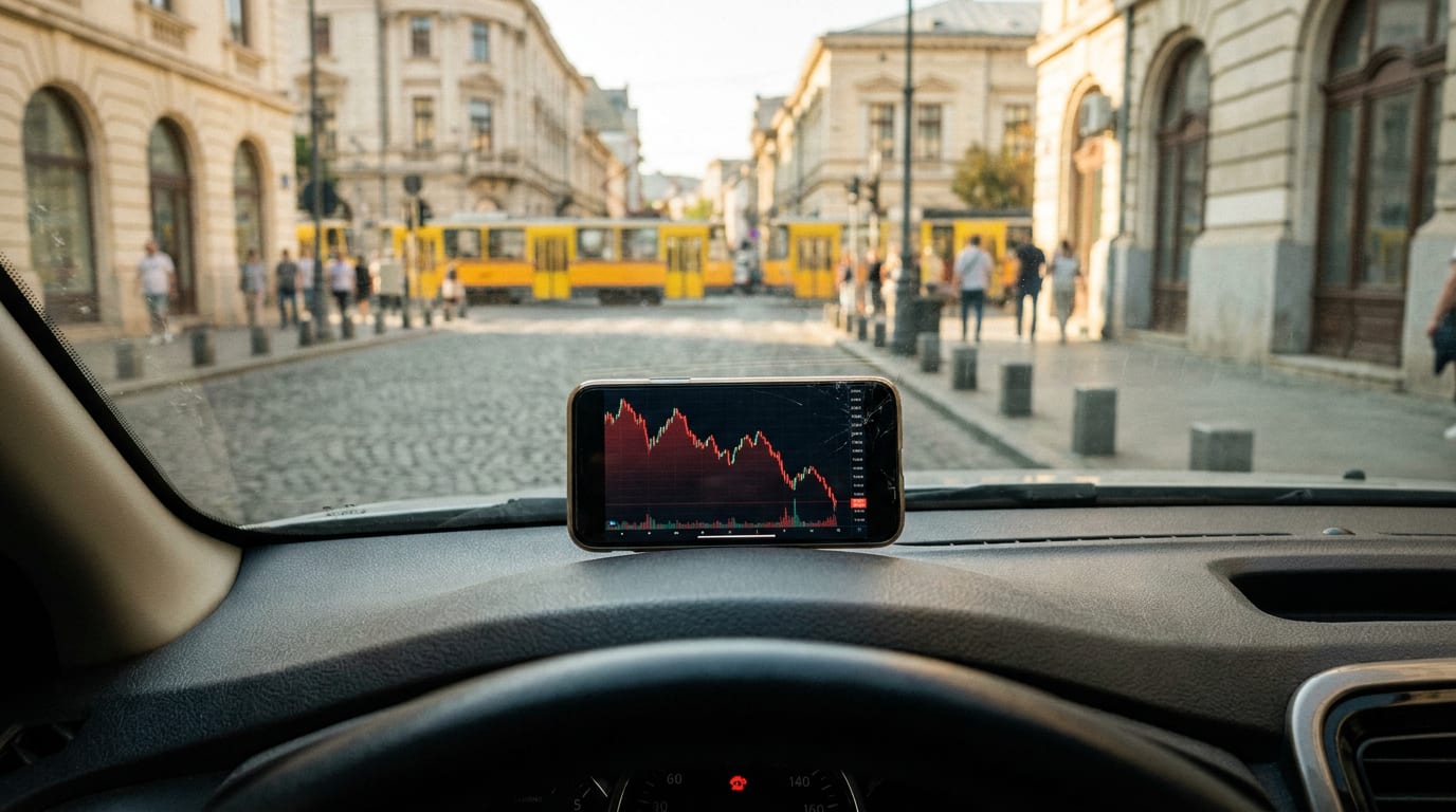 Un grafic cu săgeată descendentă roșie afișat pe ecranul unui telefon, pus pe bordul unei mașini moderne, ilustrând deprecierea