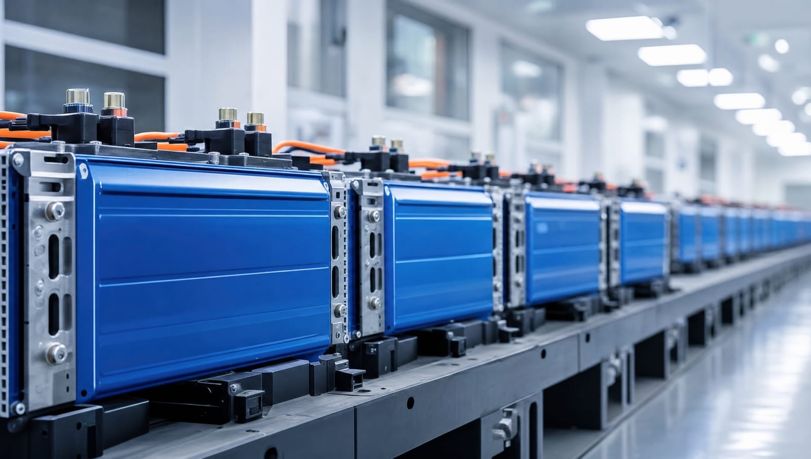 Module de baterii litiu-ion aliniate într-o hală industrială curată, sub lumină albă rece