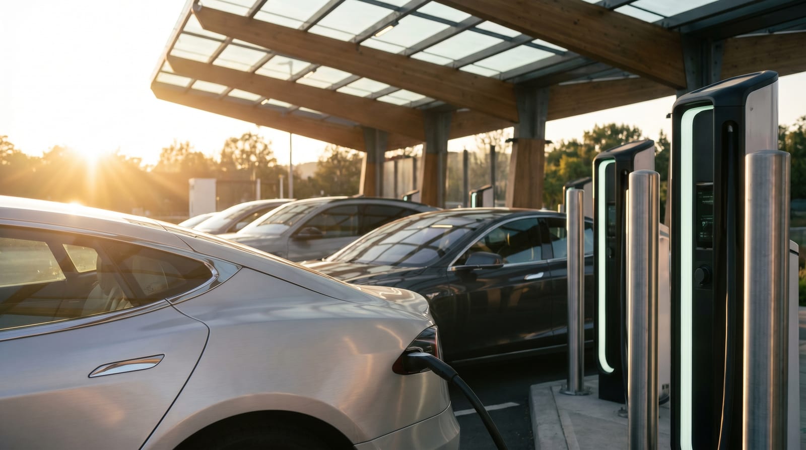 Aliniere de mașini electrice moderne de ultimă generație la o stație de încărcare ultra-rapidă