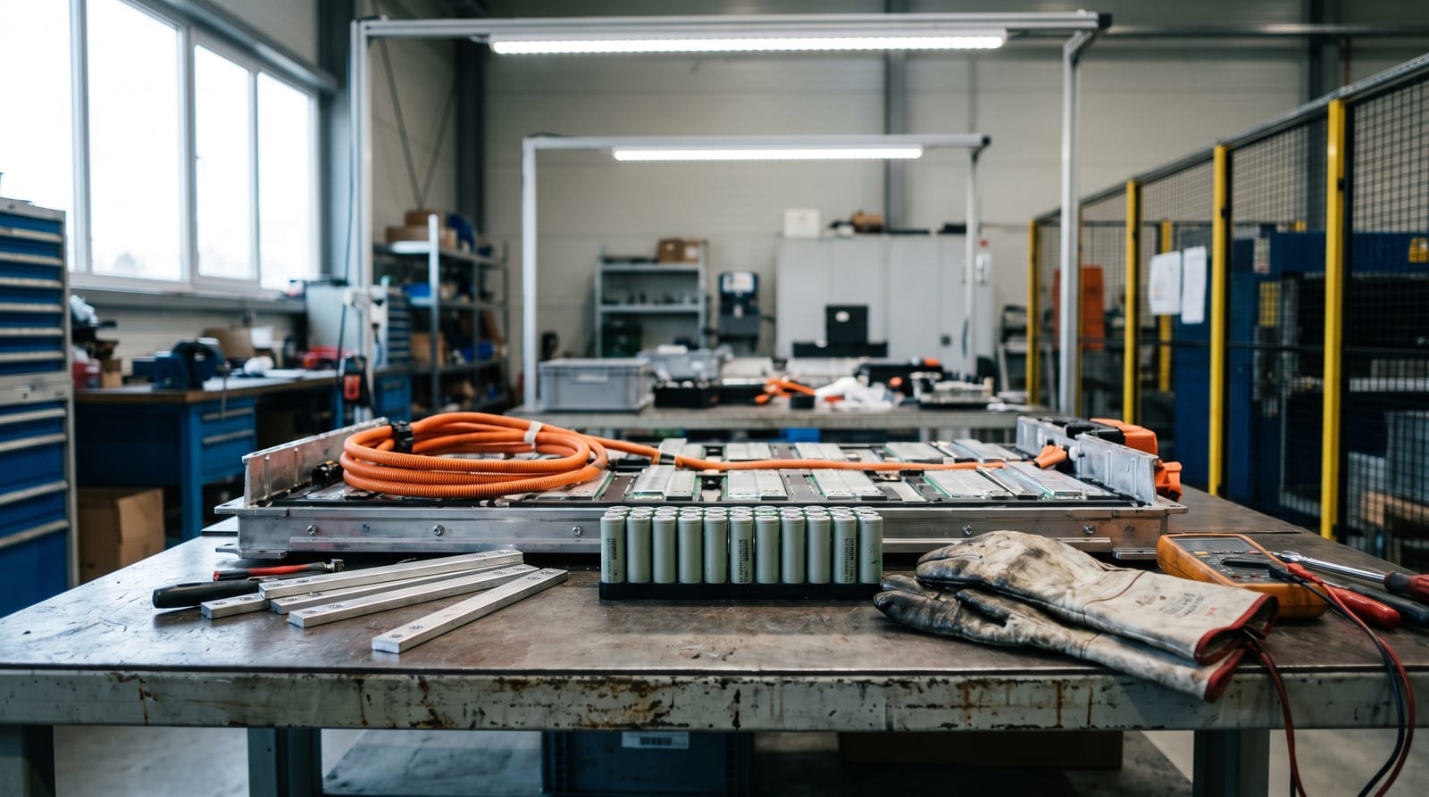 Modul de baterie de mașină electrică demontat pe o masă industrială, cu celulele vizibile și cabluri portocalii de înaltă tensiune