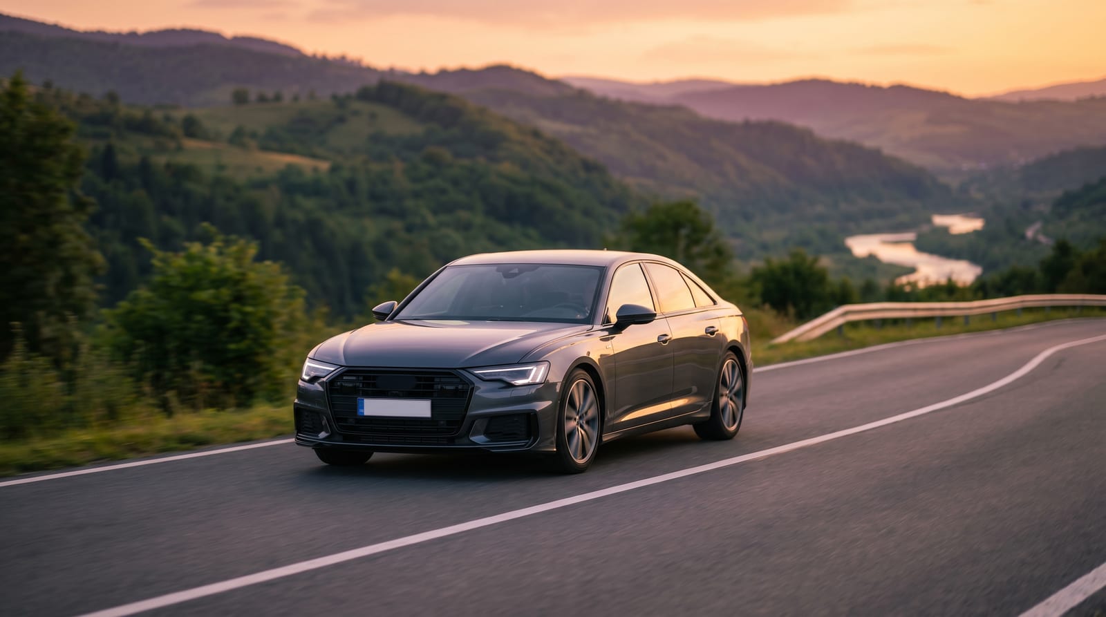 O autostradă modernă din România sub lumina caldă a apusului, cu mașini în trafic