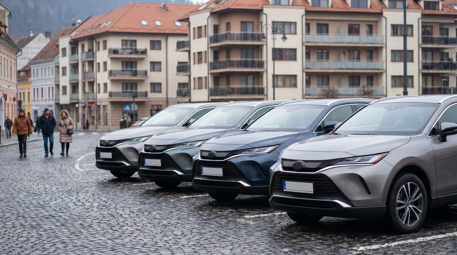SUV-uri moderne aliniate într-o piață pavată dintr-un oraș din România