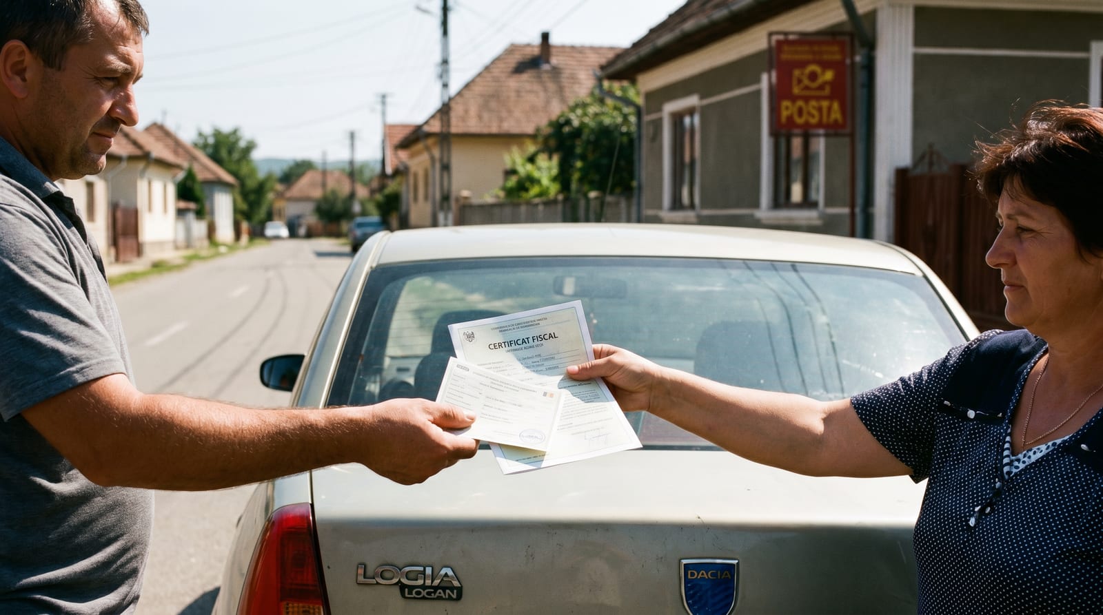 Două persoane predau actele auto și un certificat fiscal peste plafonul unei mașini