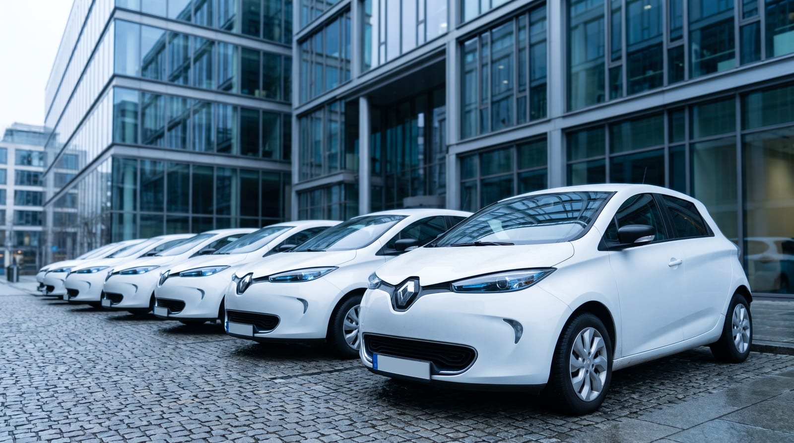 Parcare de flotă cu mașini electrice identice aliniate în fața unei clădiri de birouri, dimineața devreme