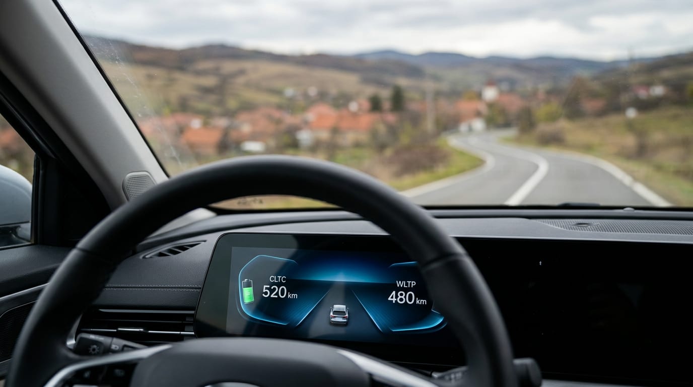 O planșă de bord digitală a unei mașini electrice afișând un indicator de autonomie cu literele CLTC și WLTP pe un fundal tehnic