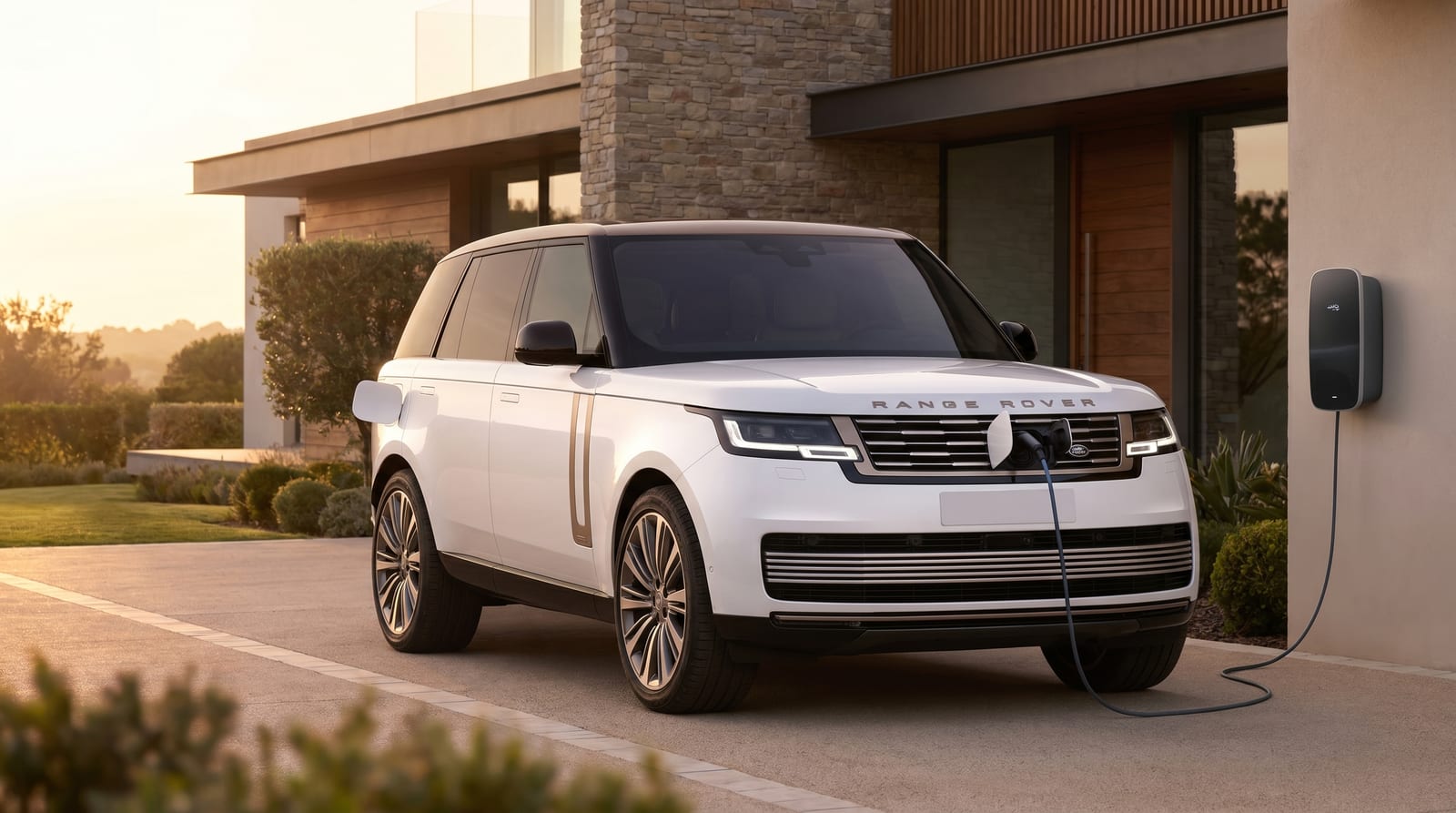 Range Rover conectat la o stație de încărcare, într-un decor premium la apus