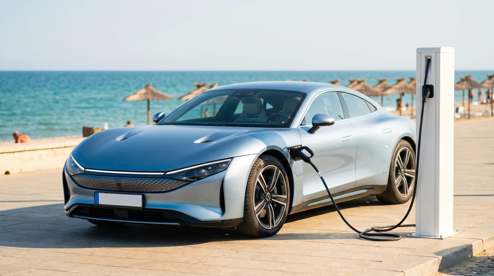 Mașină electrică la încărcare pe faleza unei stațiuni de la Marea Neagră, cu plaja și umbrelele de stuf în fundal, într-o dimineață de vară