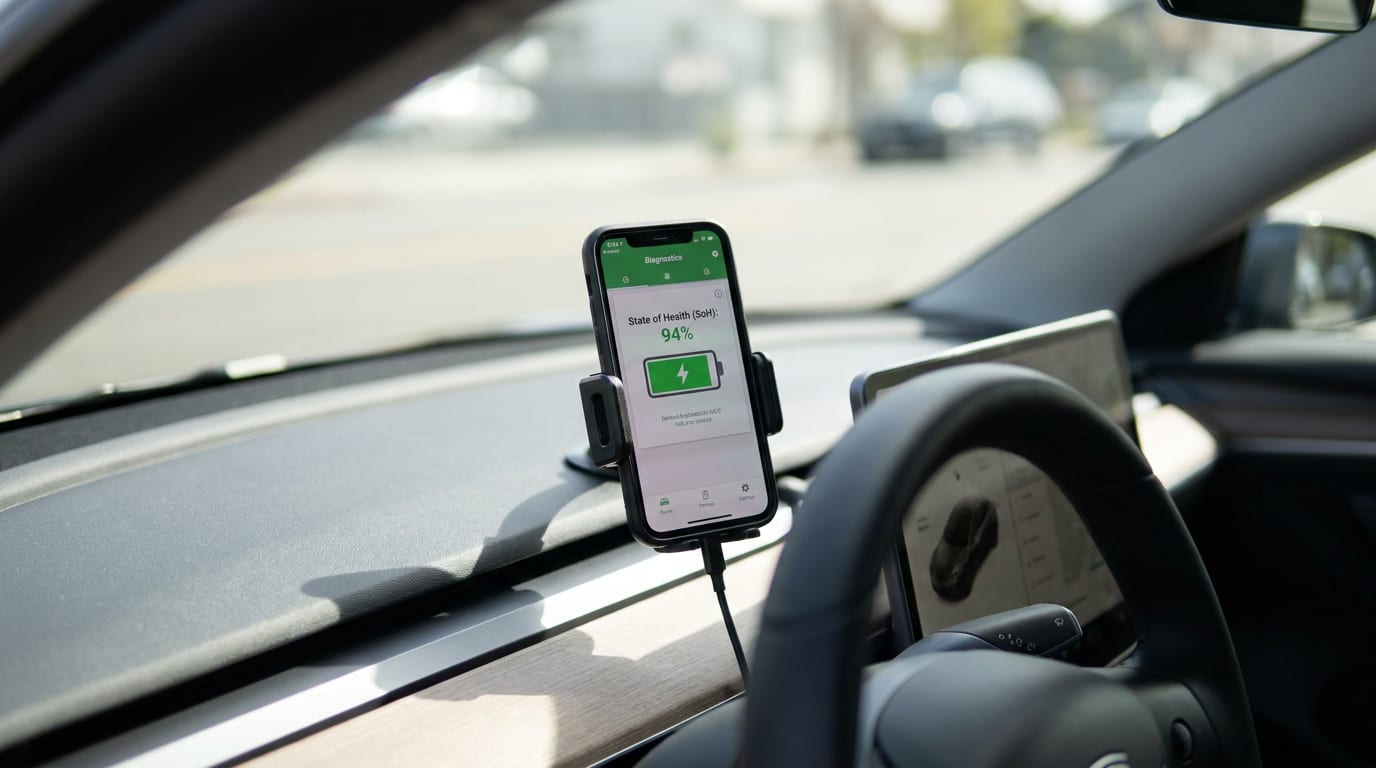 Un telefon cu o aplicație de diagnoză OBD conectat la bordul unei mașini electrice, afișând starea de sănătate a bateriei (SoH)