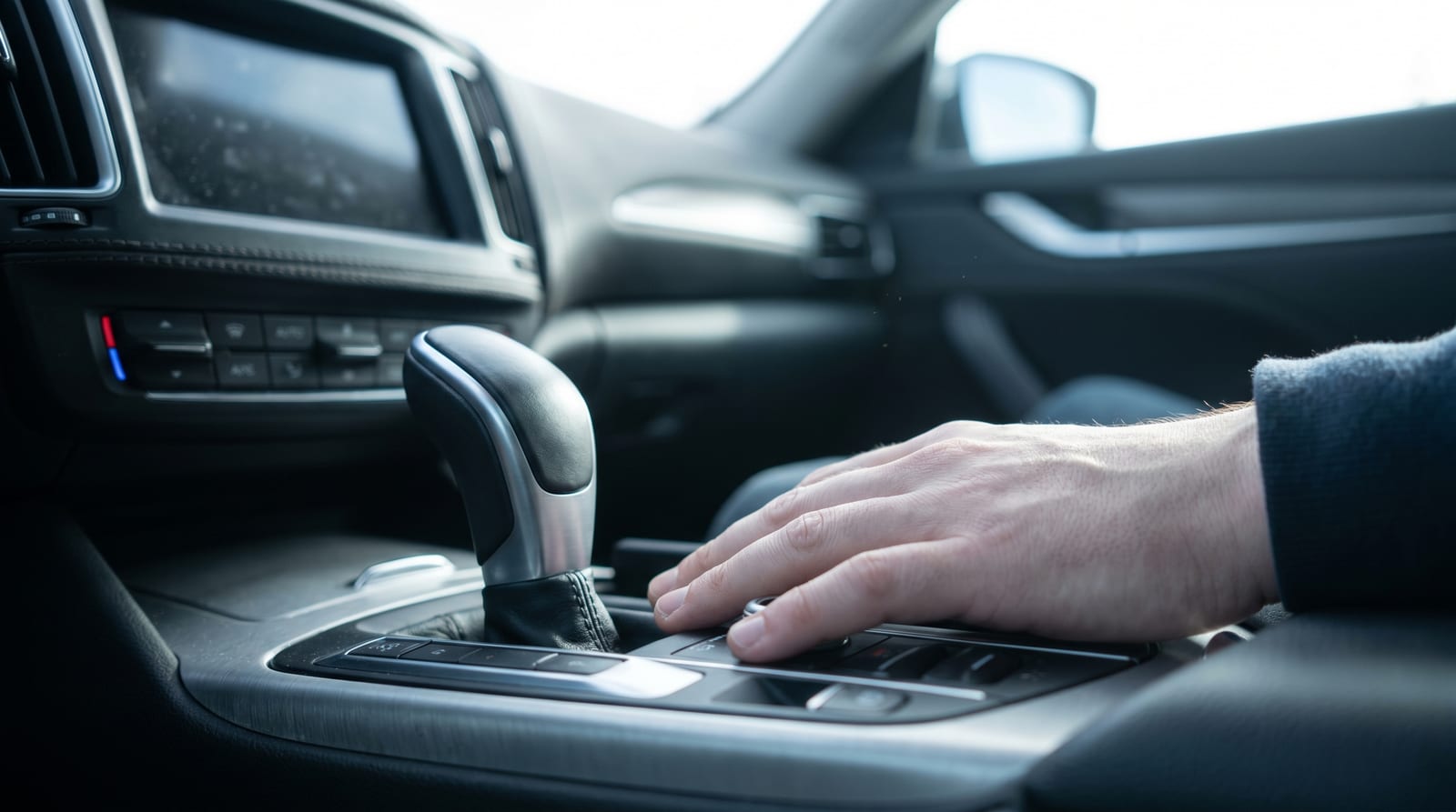 Selector de cutie automată în prim-plan, în interiorul unei mașini, cu adâncime mică de câmp