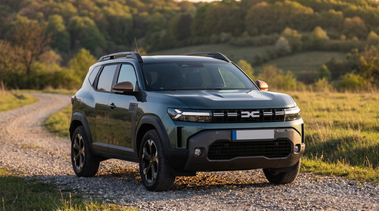 Dacia Duster de generație nouă parcat pe un drum de țară românesc, în lumina serii, cu dealuri în fundal