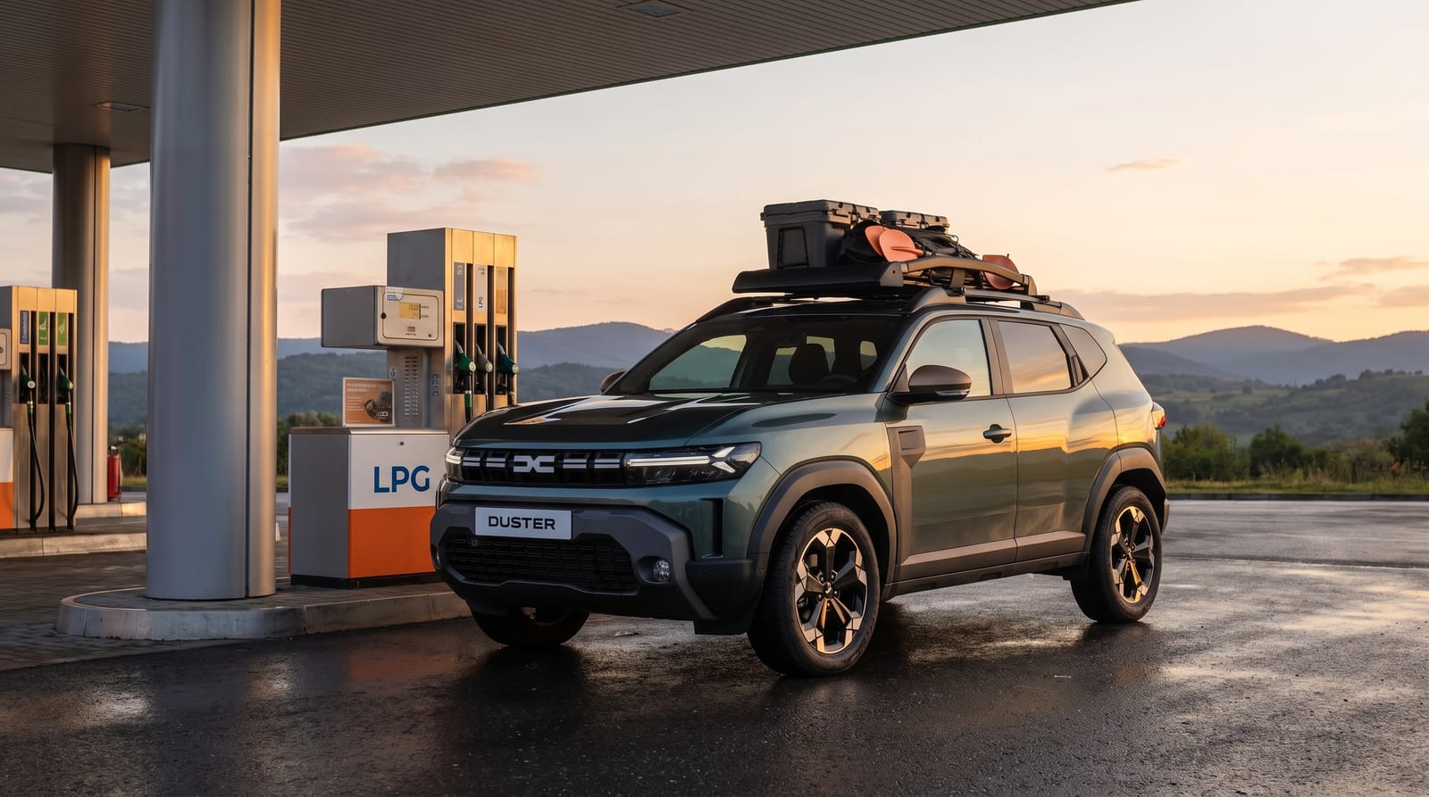 Dacia Duster lângă o stație de alimentare pe un drum din România