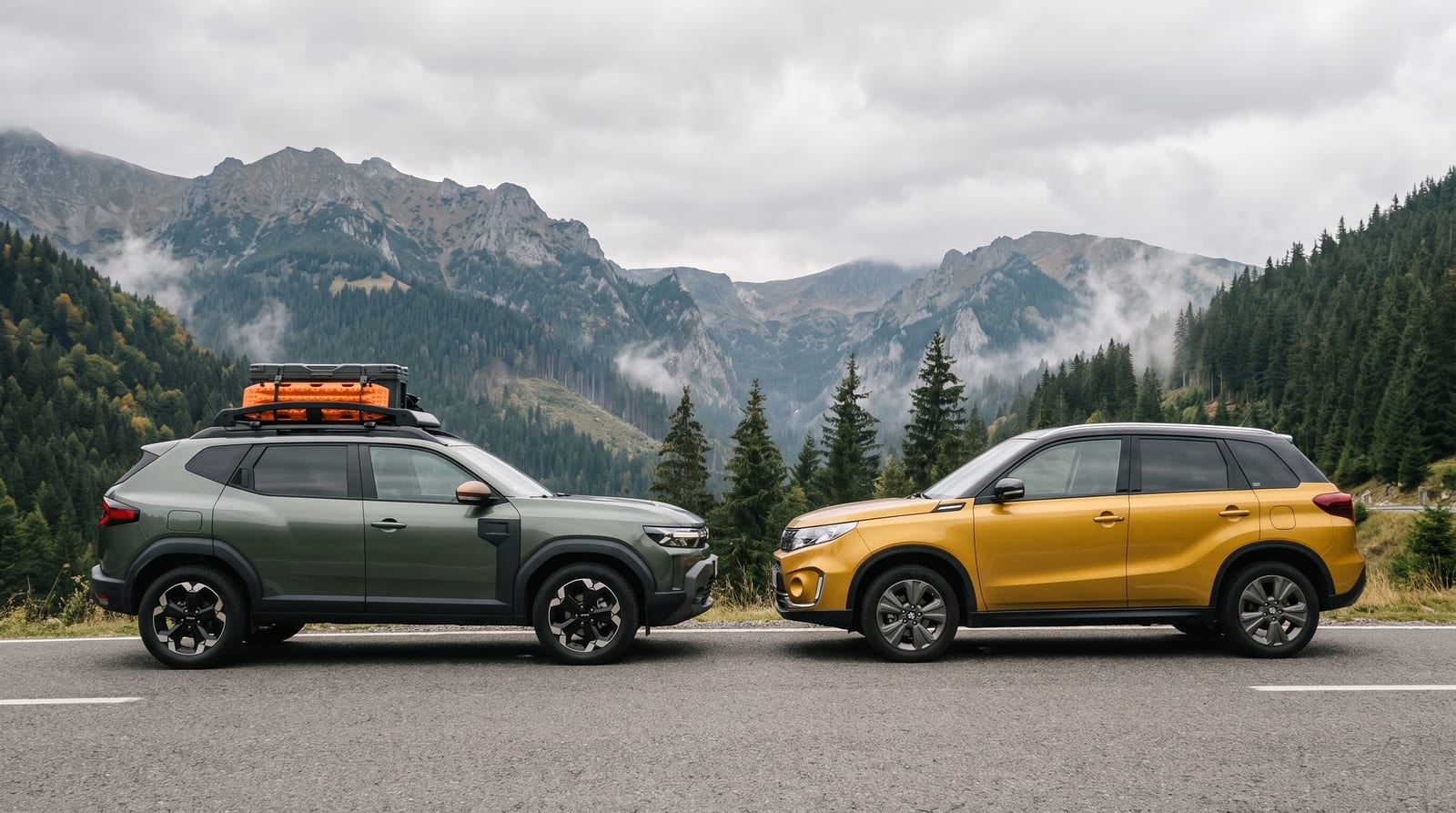 Dacia Duster și Suzuki Vitara pe un drum de munte din România