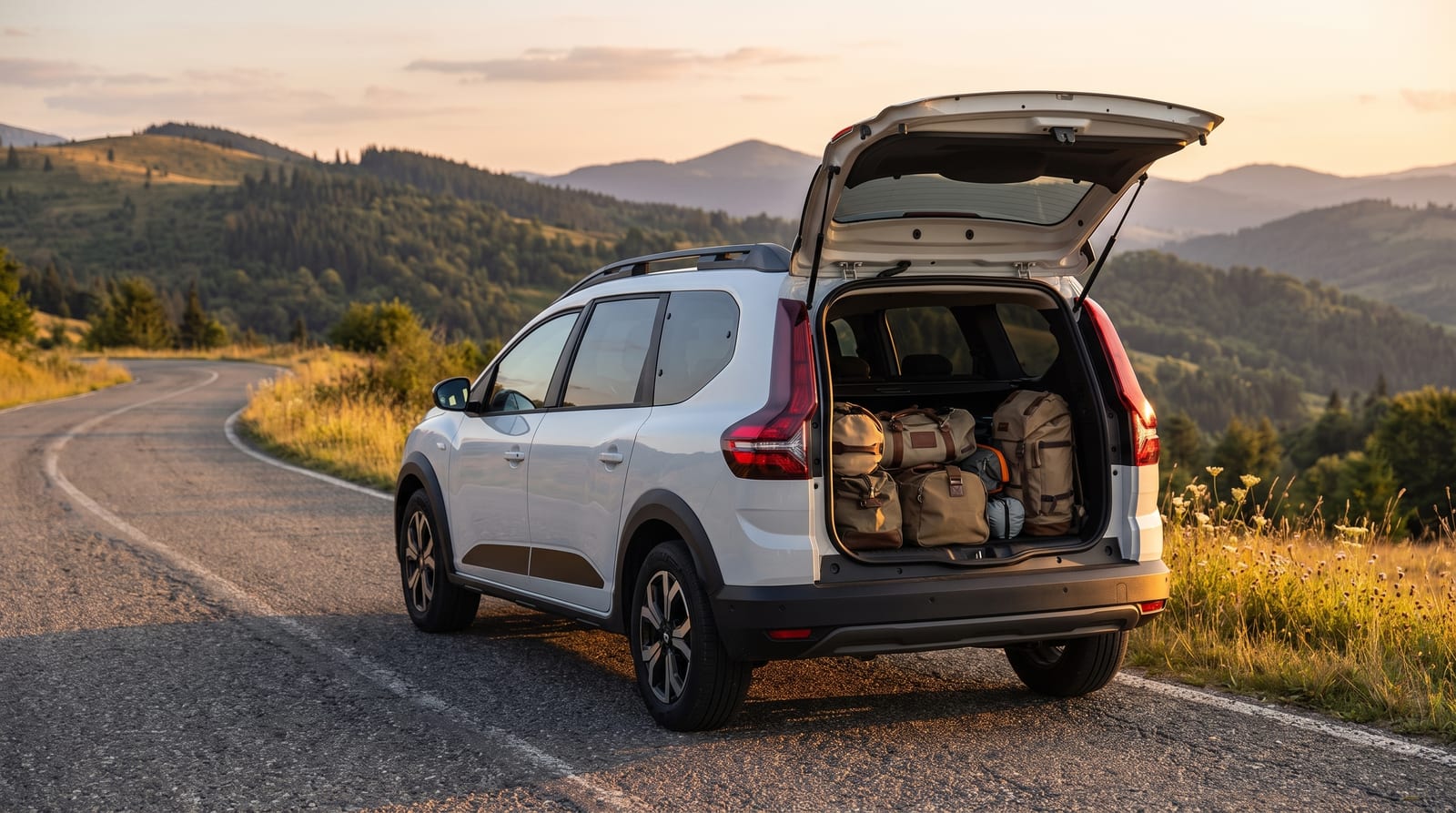Dacia Jogger cu șapte locuri încărcată pentru o plecare din oraș, pe un drum din România