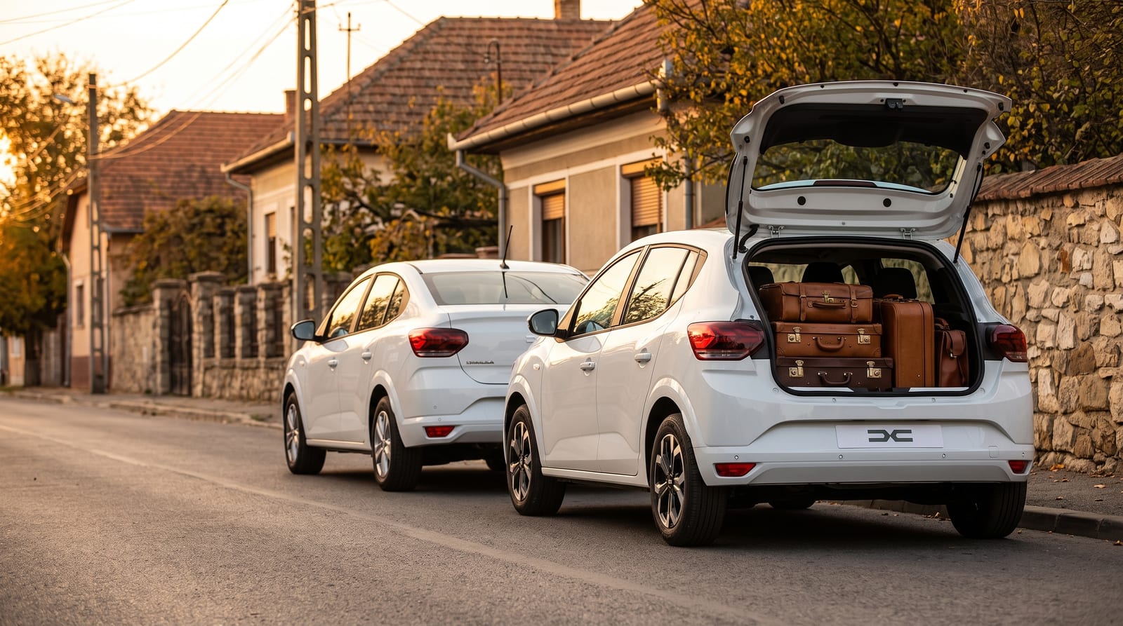 Dacia Sandero cu hayonul deschis și bagaje, parcată în fața unei berline Dacia Logan pe o stradă din România