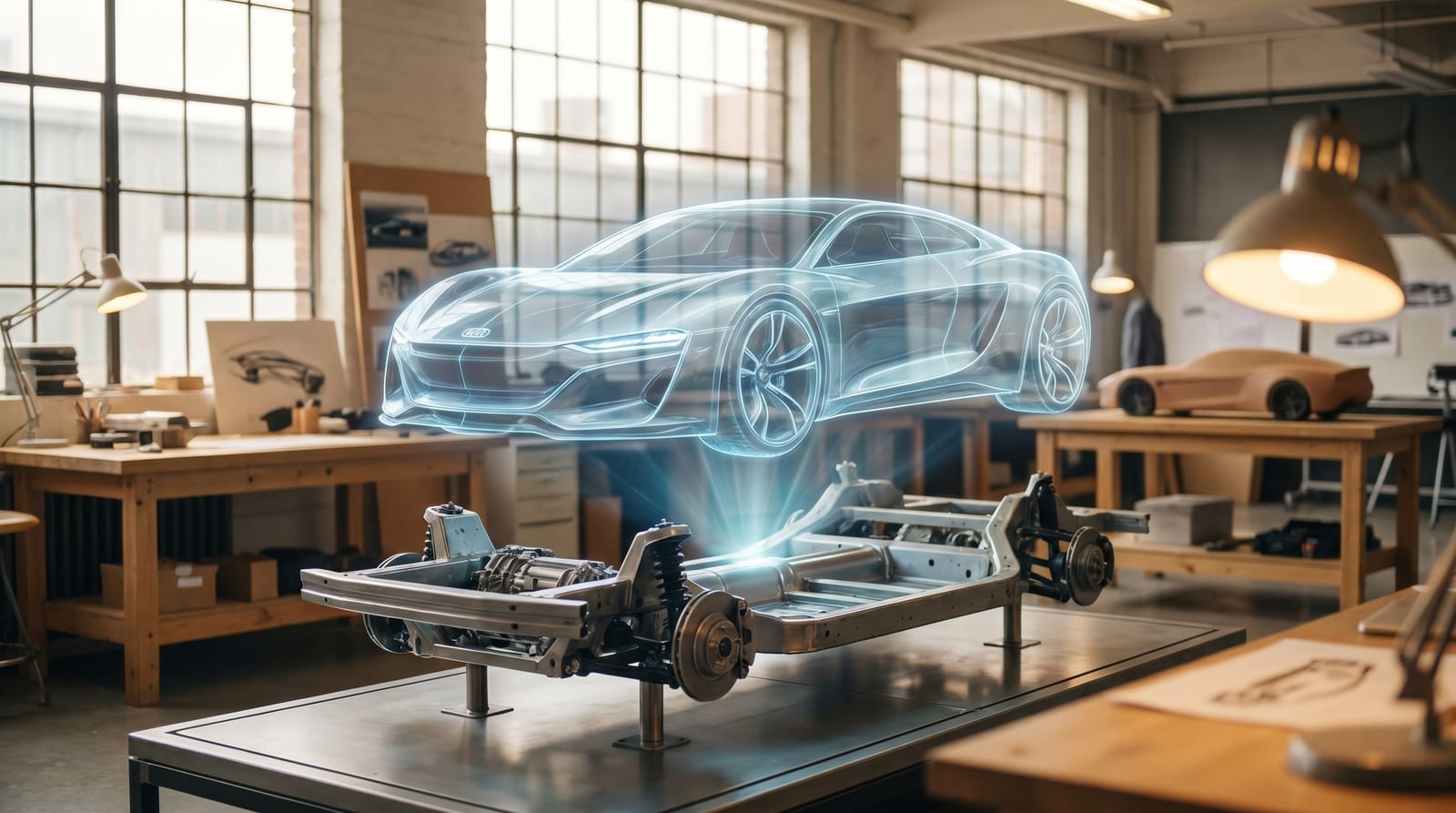 Schița luminoasă a unui concept car futurist proiectată holografic deasupra unui șasiu real într-un studio de design auto modern