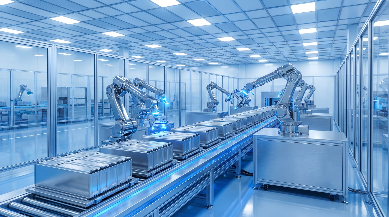 Linie automatizată de asamblare a celulelor de baterie într-o fabrică modernă, cu module aliniate pe bandă