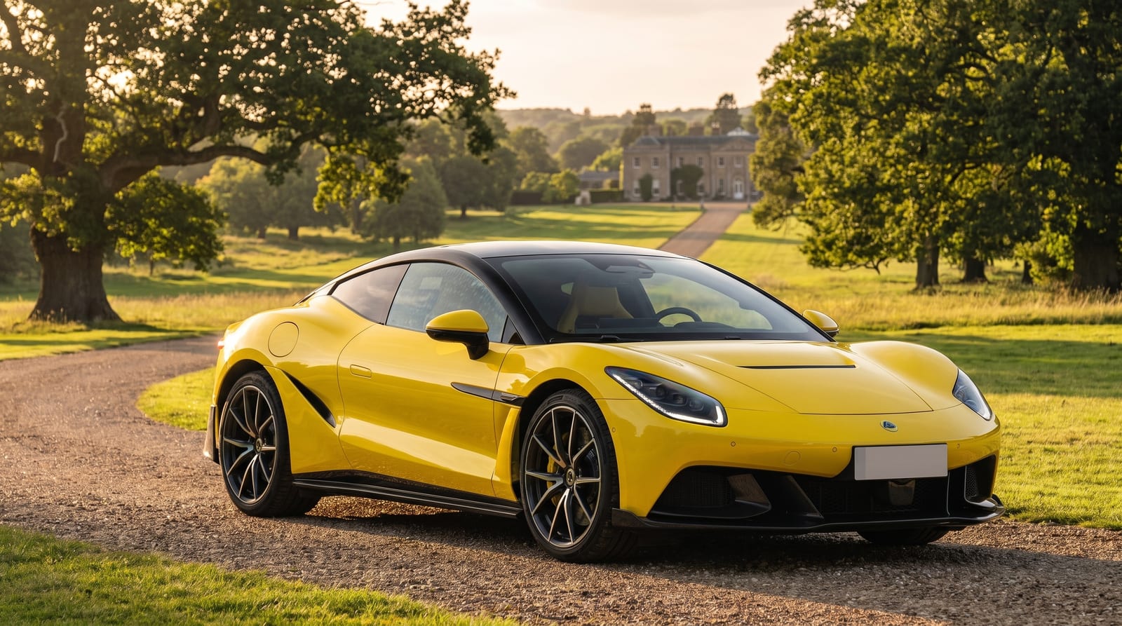 Supercar electric galben văzut din trei sferturi față, pe aleea cu pietriș a unui conac englezesc, în lumină caldă de după-amiază