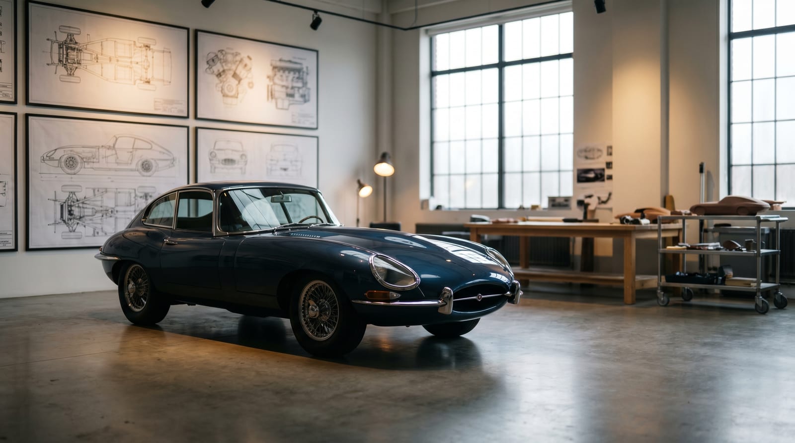 O mașină clasică retro elegantă parcată într-un studio minimalist de design industrial, cu schițe tehnice pe pereți și iluminat de accent