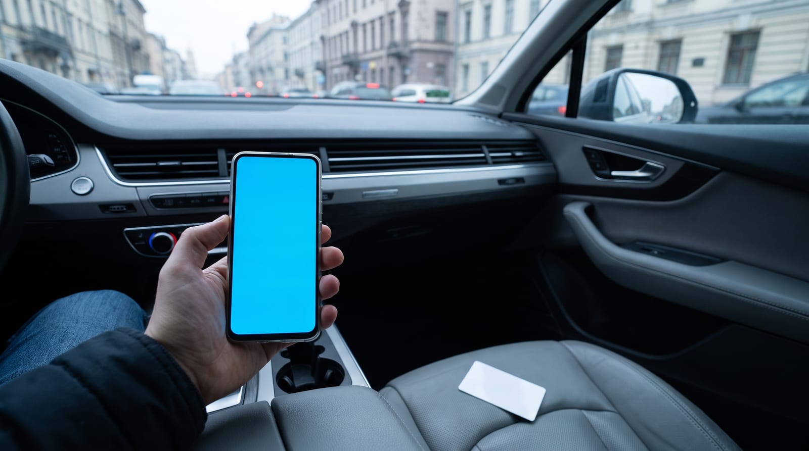 Mână care ține un telefon cu un card digital pe ecran, lângă un permis de conducere alb din plastic pe scaunul din dreapta