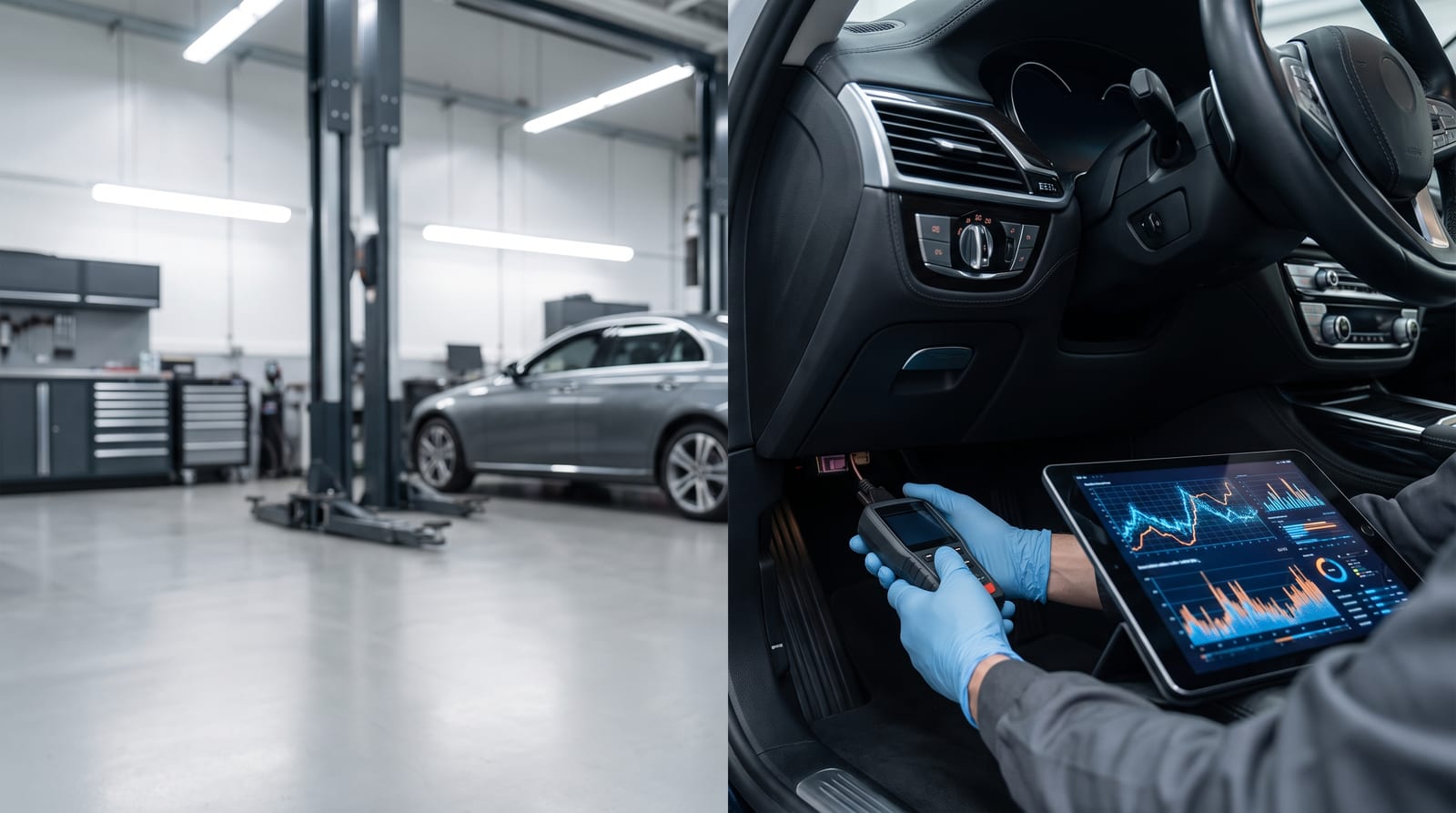 Mecanic într-un service independent conectând un tester de diagnoză la mufa OBD a unei mașini moderne, lumină curată de atelier