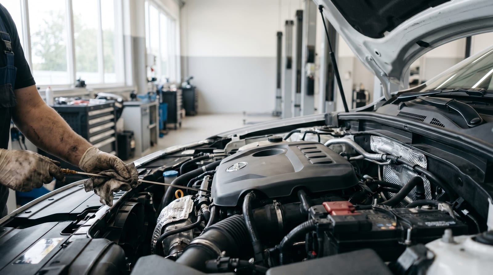 Mâini care verifică nivelul de ulei pe joja unui motor turbo benzină într-un service
