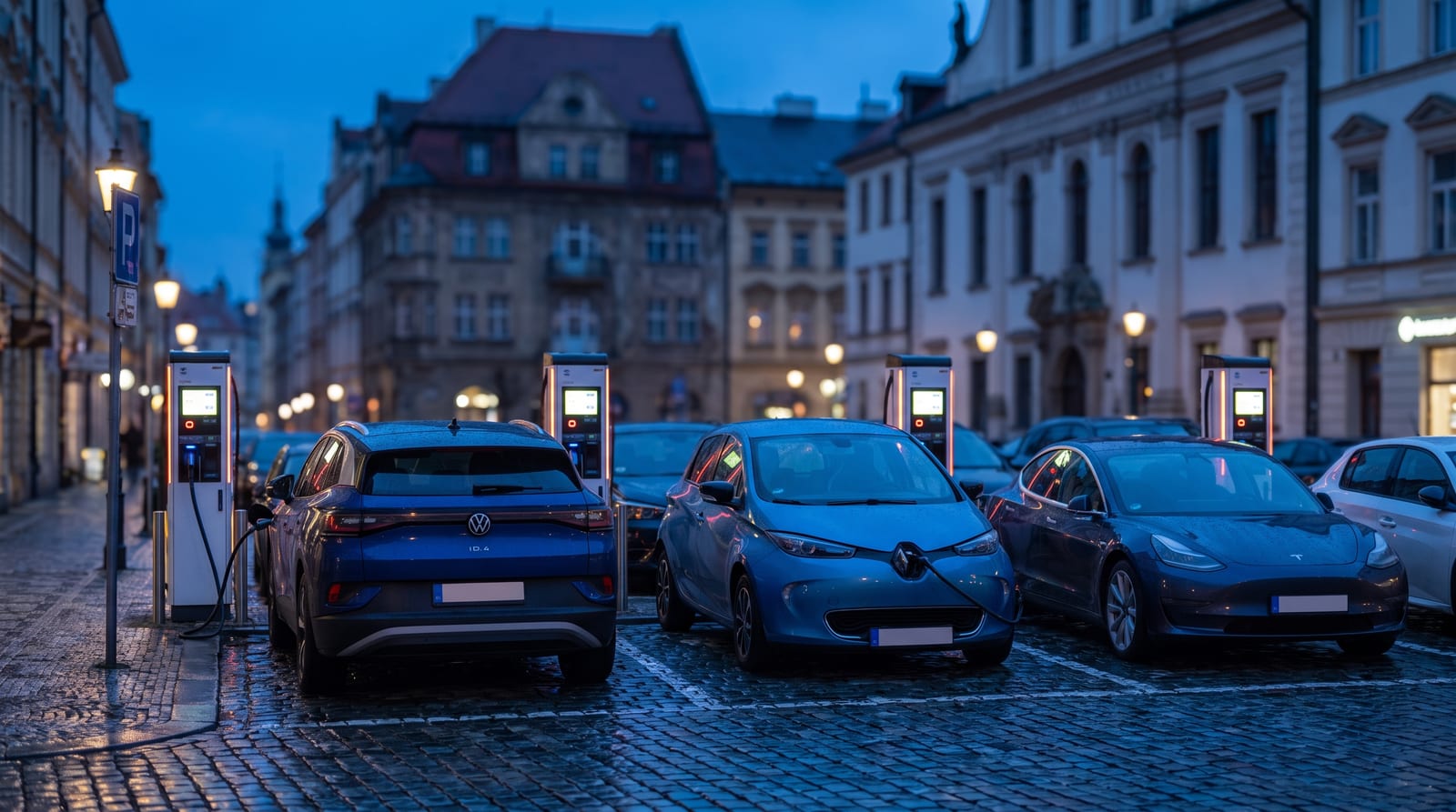 Mai multe mașini electrice la încărcare în piața unui oraș european, la ora albastră