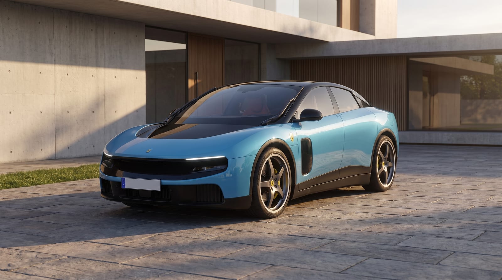 Mașină electrică bleu cu patru uși, văzută din trei sferturi față pe o alee pavată, lângă o clădire modernă din beton