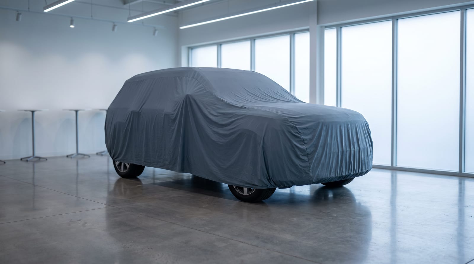 SUV acoperit cu o husă gri într-un showroom gol, cu silueta caroseriei vizibilă sub material, înainte de premiera modelului