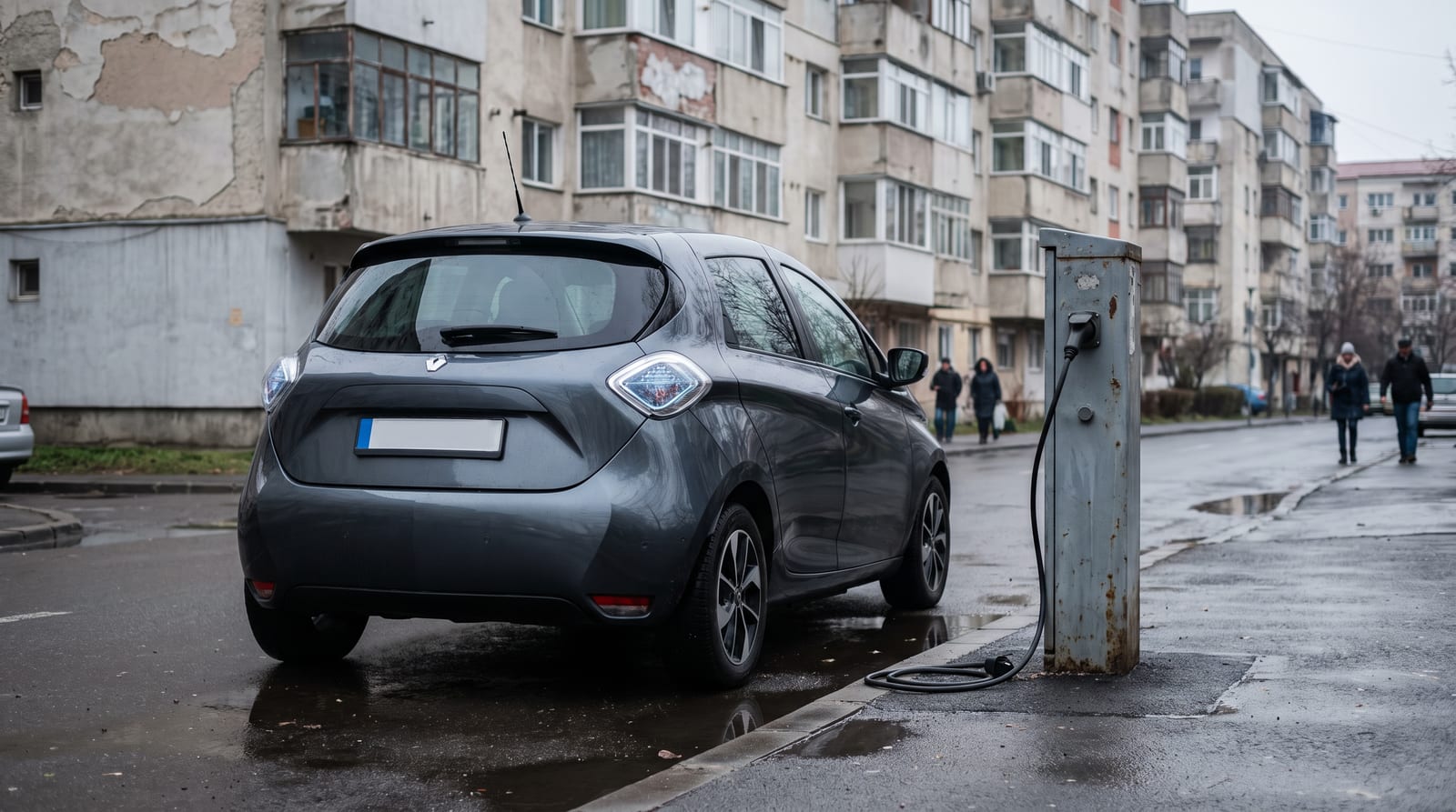 Mașină electrică mică la încărcare lângă blocuri dintr-un cartier românesc, într-o dimineață înnorată