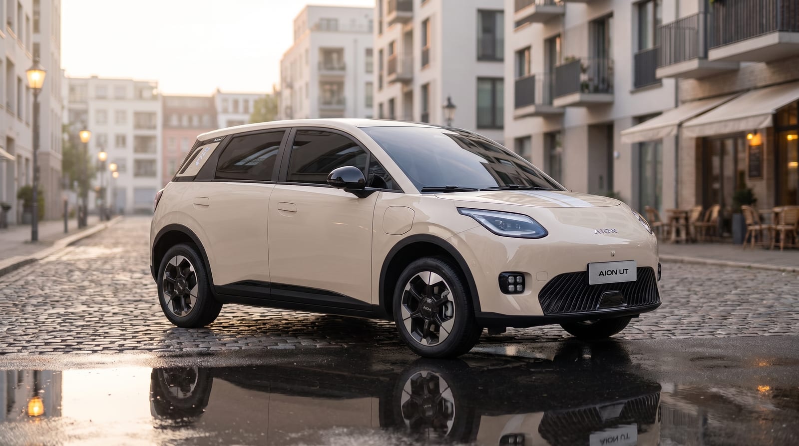 GAC Aion UT, hatchback electric compact de culoare bej cu plafon negru, parcat pe o stradă pietruită dintr-un oraș european
