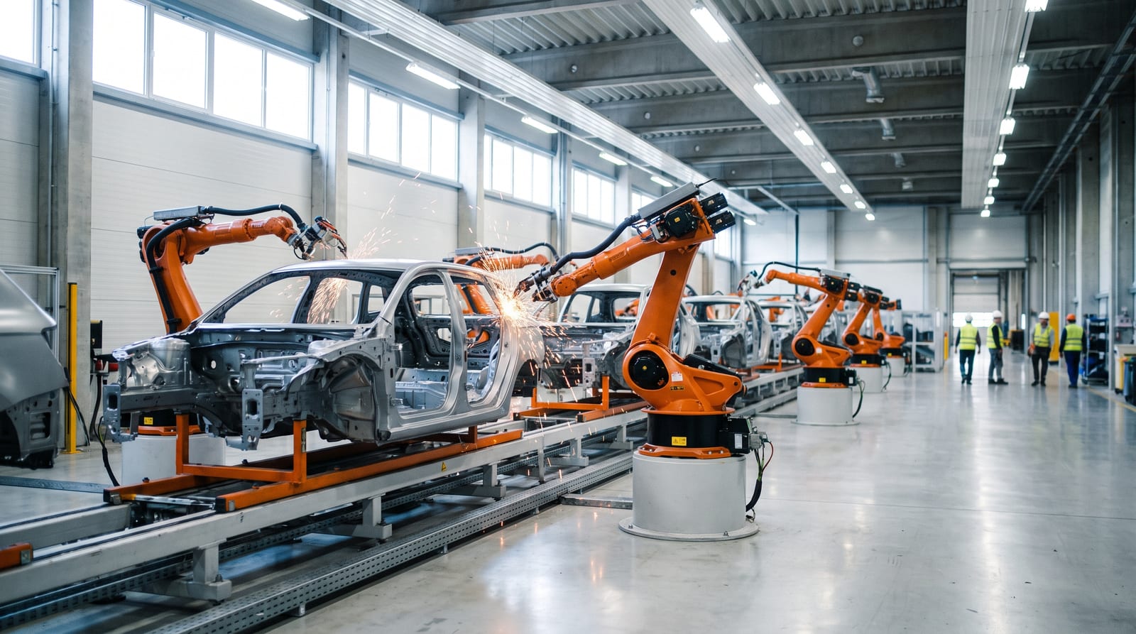 Hală de asamblare auto modernă, cu caroserii pe linia de montaj și brațe robotice, în lumină rece de fabrică europeană