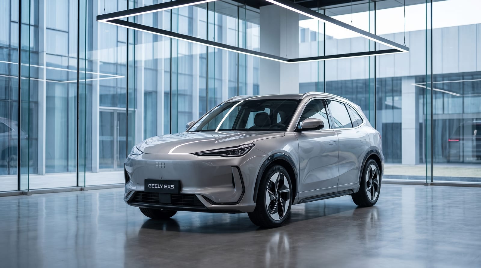 SUV-ul electric Geely EX5 argintiu expus într-un showroom luminos cu pereți de sticlă și reflexii curate pe pardoseală