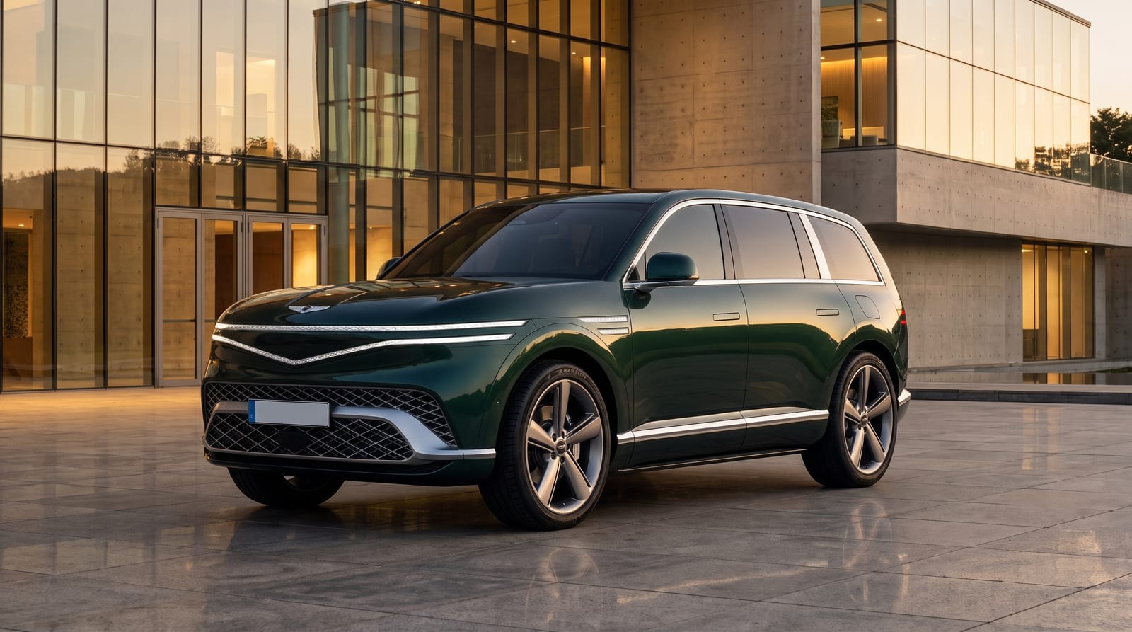 Genesis GV90, SUV electric de lux verde închis cu semnătură luminoasă pe două linii, parcat la apus în fața unei clădiri moderne de sticlă și beton