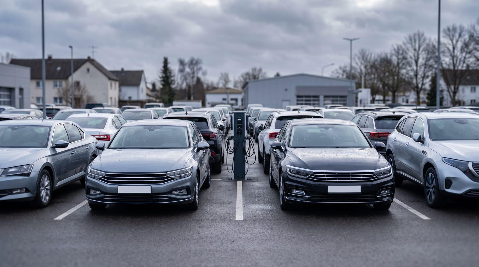 Parcare de dealer plină cu mașini noi, sub un cer acoperit, cu un punct de încărcare între rânduri