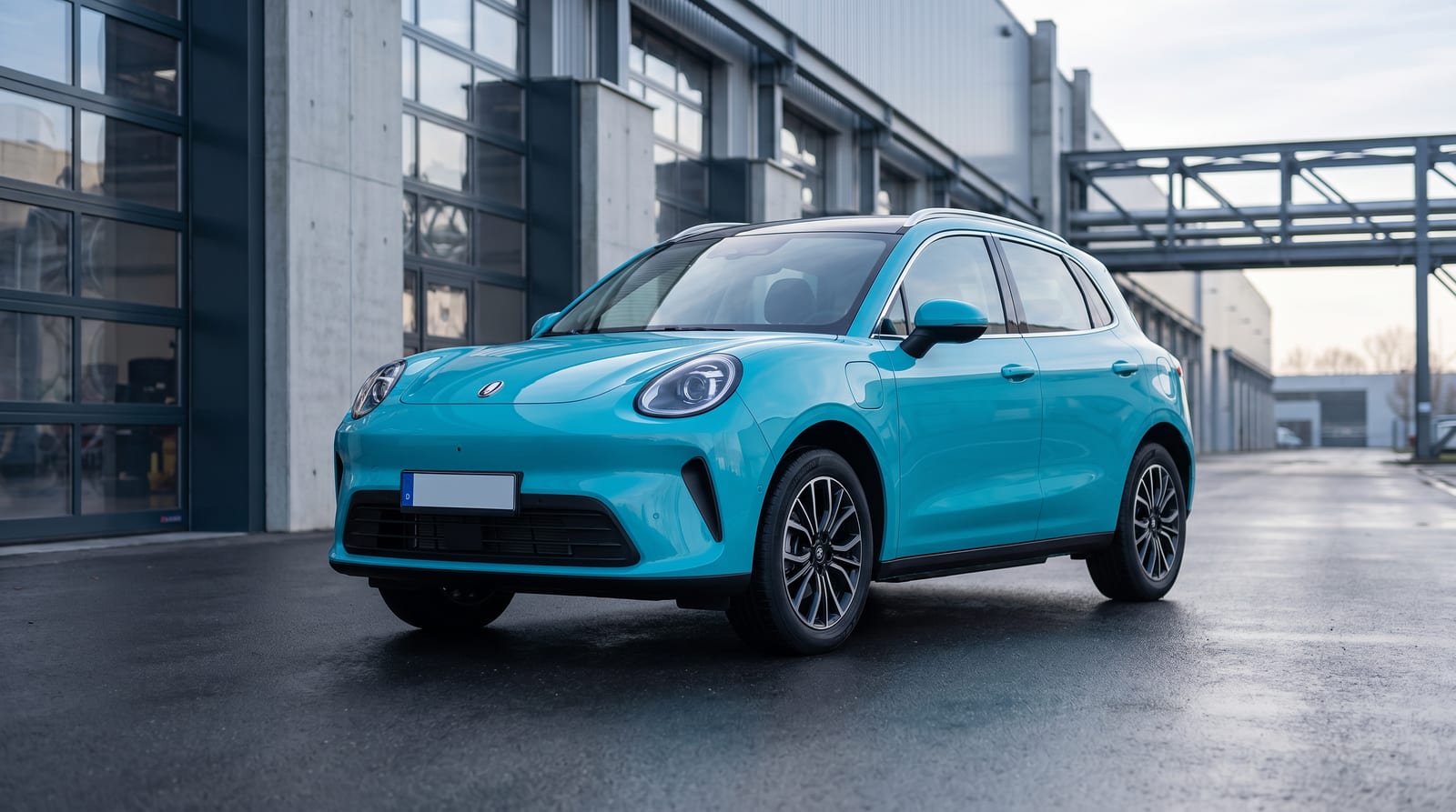 SUV electric compact GWM Ora 5 parcat în fața unei hale industriale moderne, lumină rece de dimineață