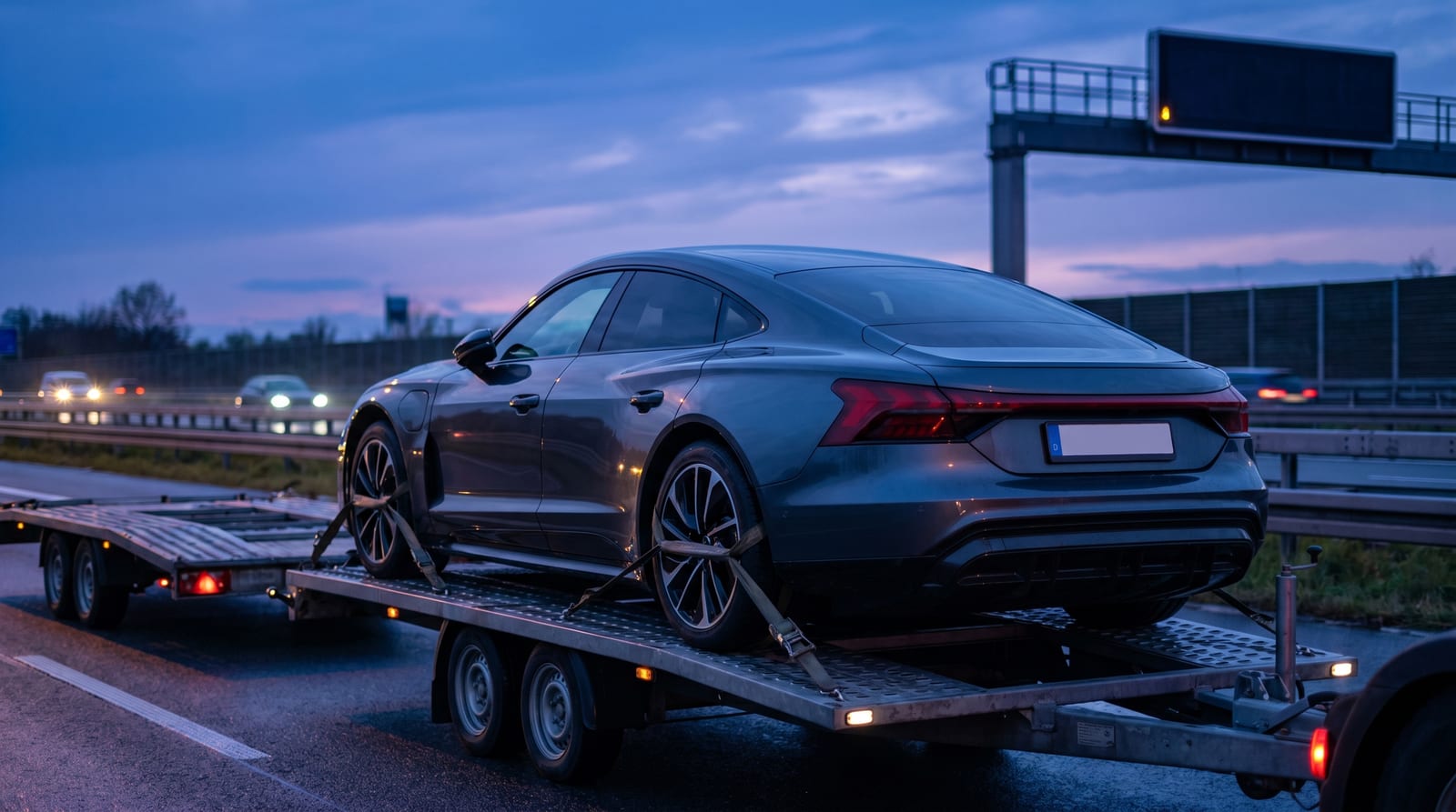 Mașină electrică premium ancorată pe o platformă de transport auto, pe o autostradă din Germania, la apus