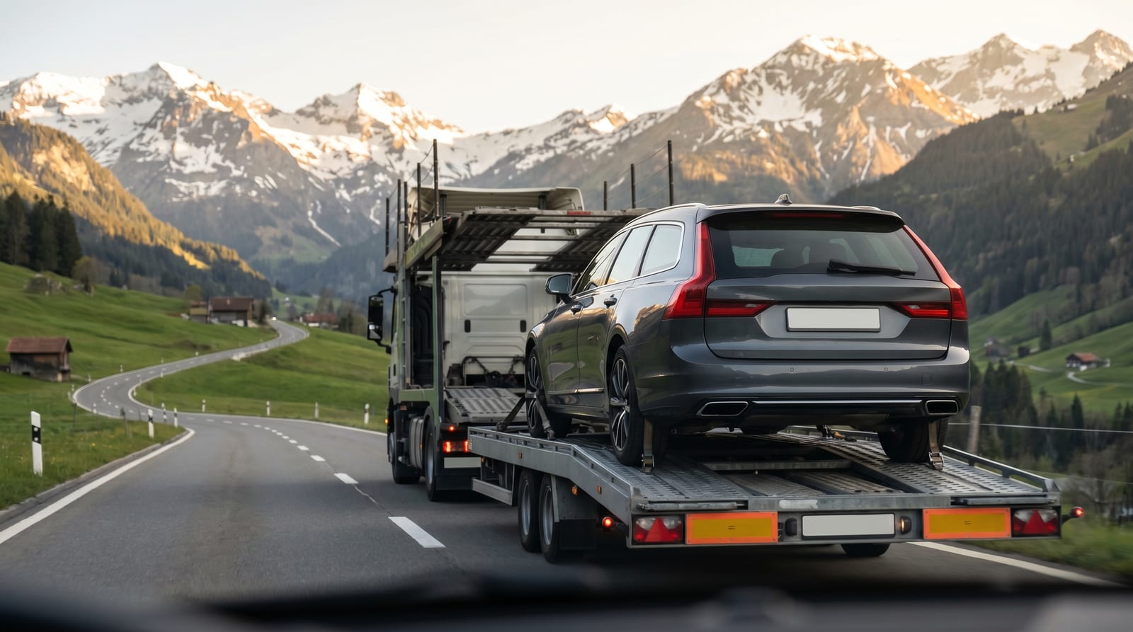 Break gri transportat pe o platformă auto pe o șosea din Alpii elvețieni, cu munți înzăpeziți în fundal