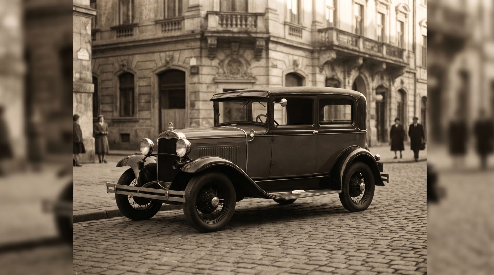 O mașină clasică interbelică Ford parcată în fața unei clădiri istorice din București, reflectând farmecul perioadei de început a automobilismului românesc